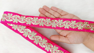 Art Silk Fabric Trim With Gold Floral Embroidery, Floral Sequins Sari Border, Trim By 3 Yards